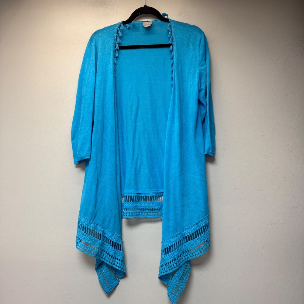 Chico's Open Front Cardigan Womens 1 M Blue Excellent‎ Linen Blend Crochet Trim